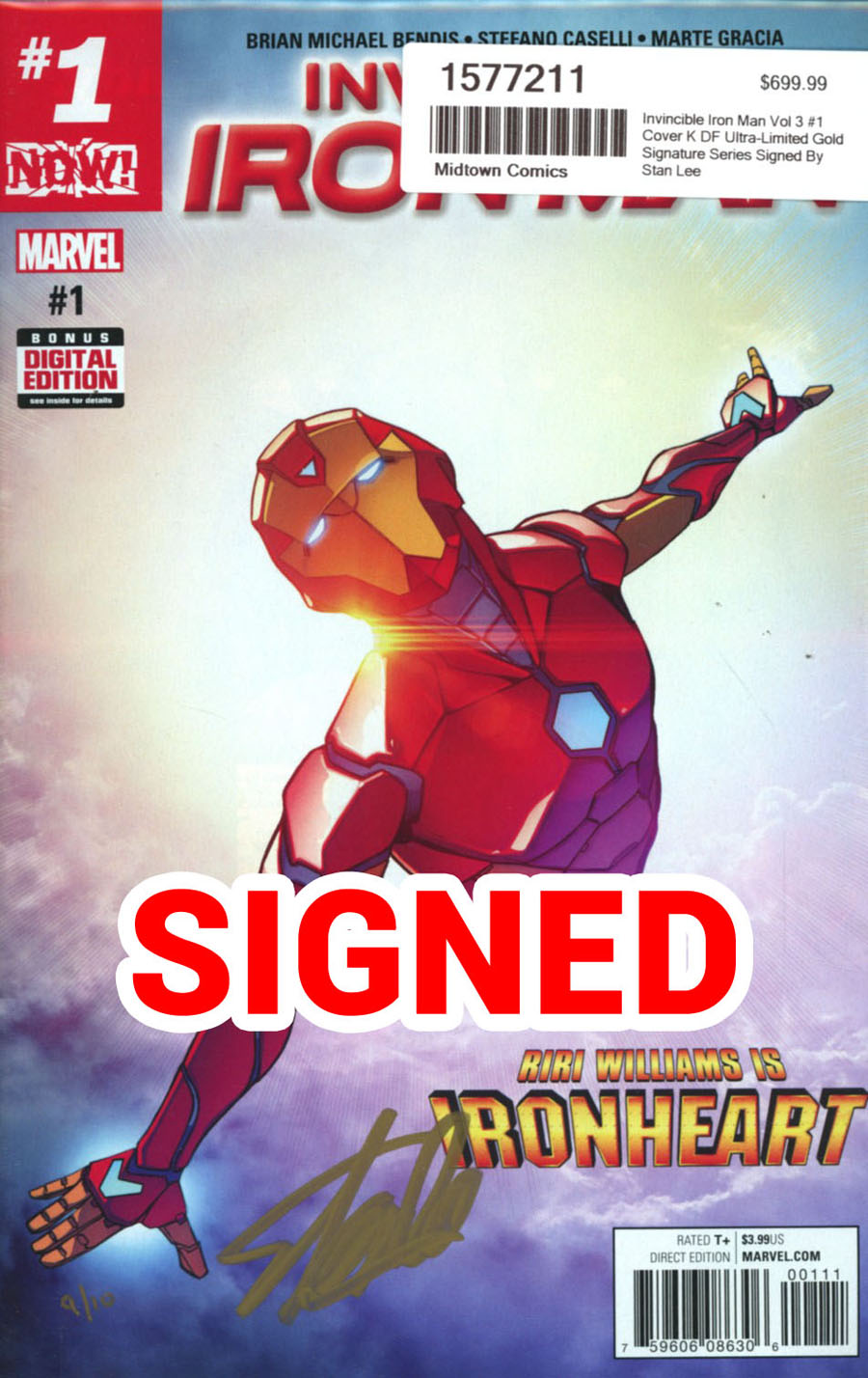 Invincible Iron Man Vol 3 #1 Cover K DF Ultra-Limited Gold Signature Series Signed By Stan Lee