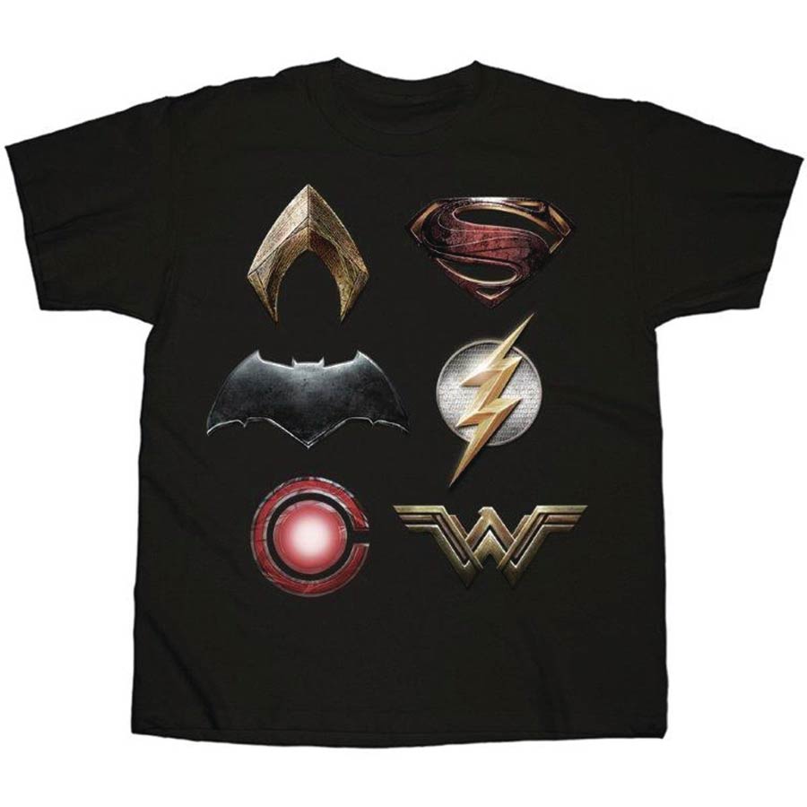 Justice League Logos Stacked Black T-Shirt Large