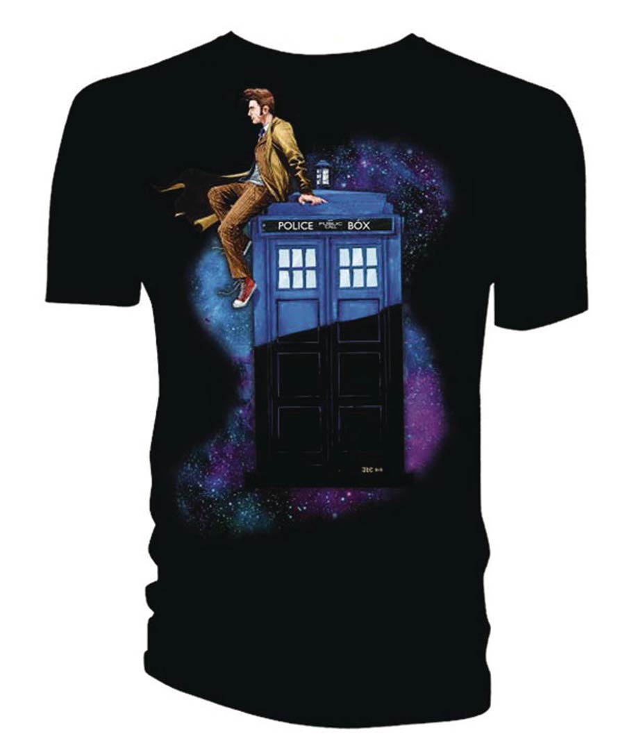 Doctor Who 10th Doctor On TARDIS Black T-Shirt Large