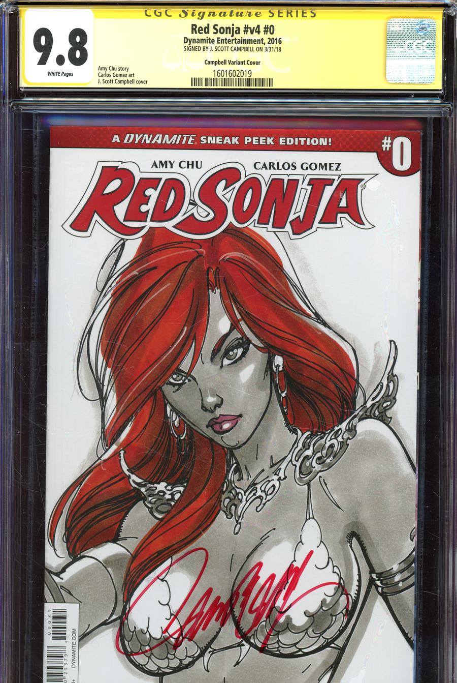 Red Sonja Vol 7 #0 Cover D Incentive J Scott Campbell Sneak Peek Variant Cover Signed By J Scott Campbell CGC 9.8