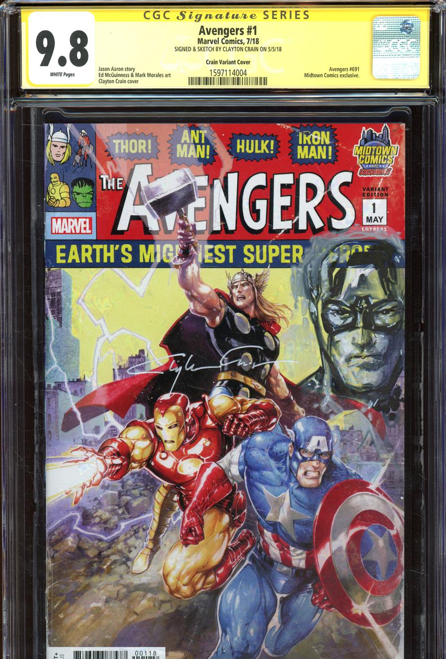 Avengers Vol 7 #1  Midtown Exclusive Clayton Crain Variant Cover Signed And Captain America Sketch By Clayton Crain CGC 9.8