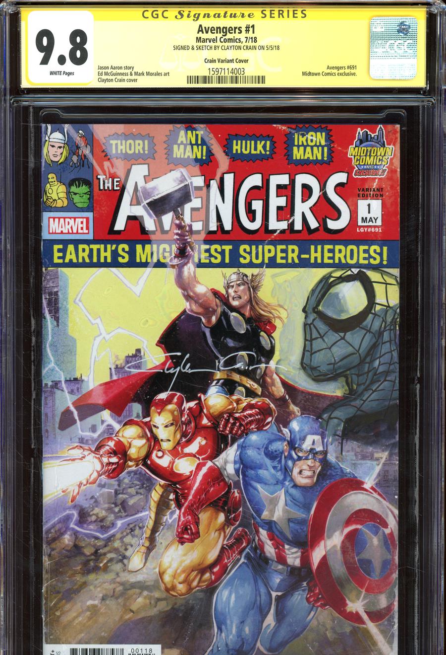 Avengers Vol 7 #1  Midtown Exclusive Clayton Crain Variant Cover Signed And Spider-Man Sketch By Clayton Crain CGC 9.8