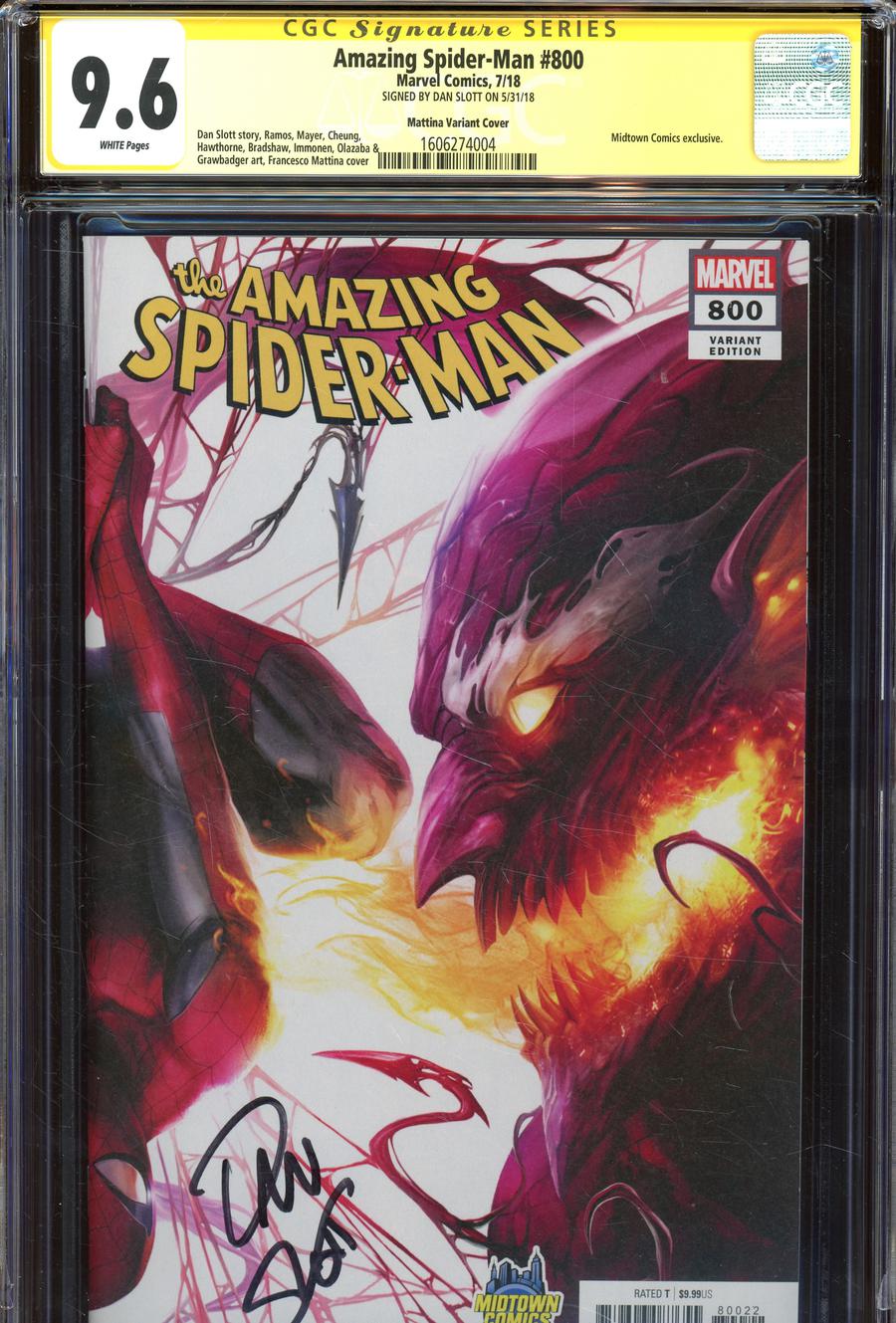 Amazing Spider-Man Vol 4 #800  Midtown Exclusive Francesco Mattina & Will Sliney Connecting Variant Cover Signed By Dan Slott CGC 9.6