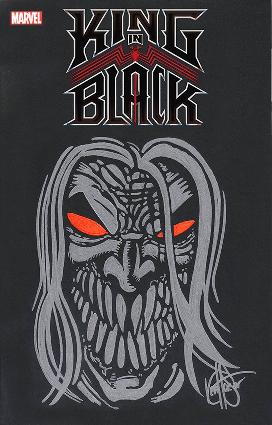 King In Black #1 Cover T DF Black Blank Variant Cover Signed & Remarked With A Silver Knull Hand-Drawn Sketch By Ken Haeser