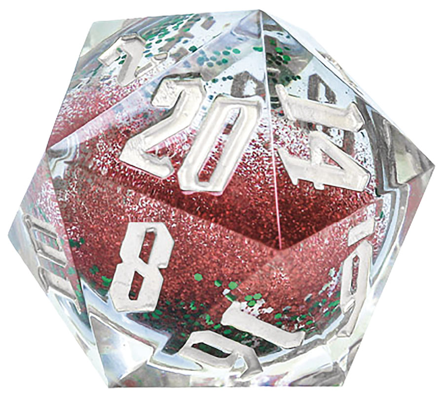 Snow Globe D20 54mm Dice - Silver Ink Red & Green Glitter