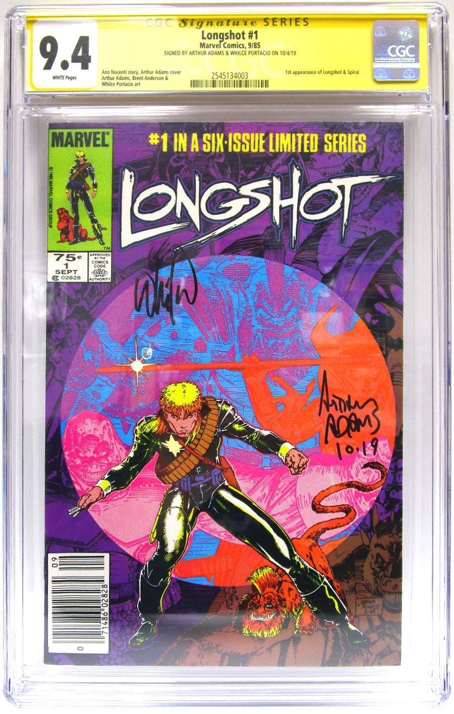 Longshot #1 Cover B CGC Signature Series 9.4 Signed By Arthur Adams & Whilce Portacio