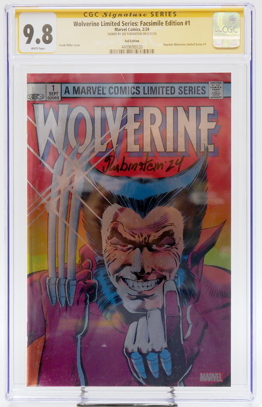 Wolverine By Claremont & Miller #1 Facsimile Edition Cover I CGC Signature Series 9.8 Signed by Joe Rubinstein Variant Frank Miller Foil Cover