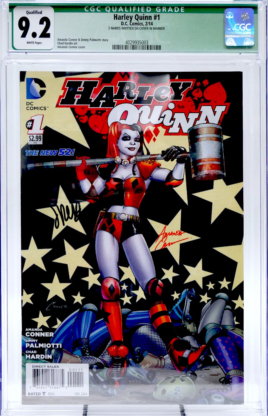 Harley Quinn Vol 2 #1 Cover G CGC Qualified Signature 9.2 Signed by Amanda Conner and Jimmy Palmiotti 1st Ptg Regular Amanda Conner Cover