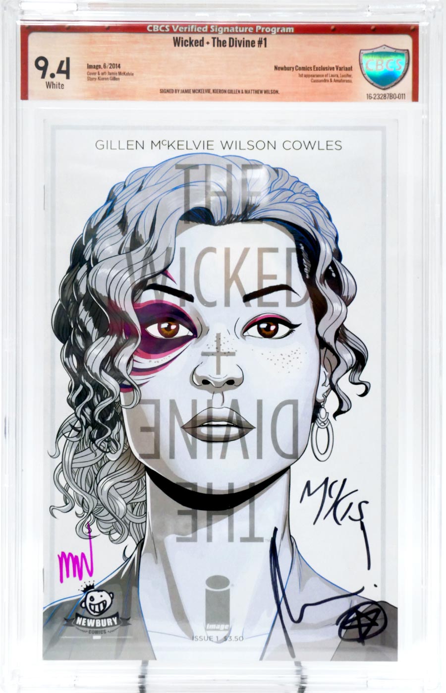 Wicked + The Divine #1 Cover E CBCS Verified Signature Signed by Jamie McKelvie, Kieron Gillen and Matthew WIlson 9.4 Newbury Comics Variant