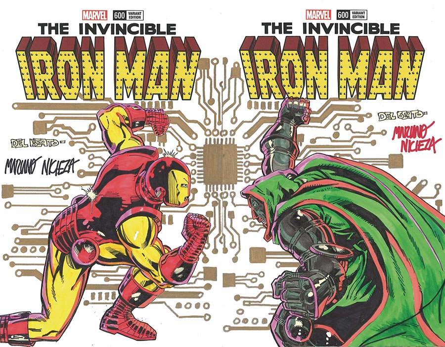 Marvel Comics Commissioned Cover Art 2-Piece Set Signed & Remarked By Mariano Nicieza & Joe Delbeato With Iron Man vs Doctor Doom Hand-Drawn Sketch