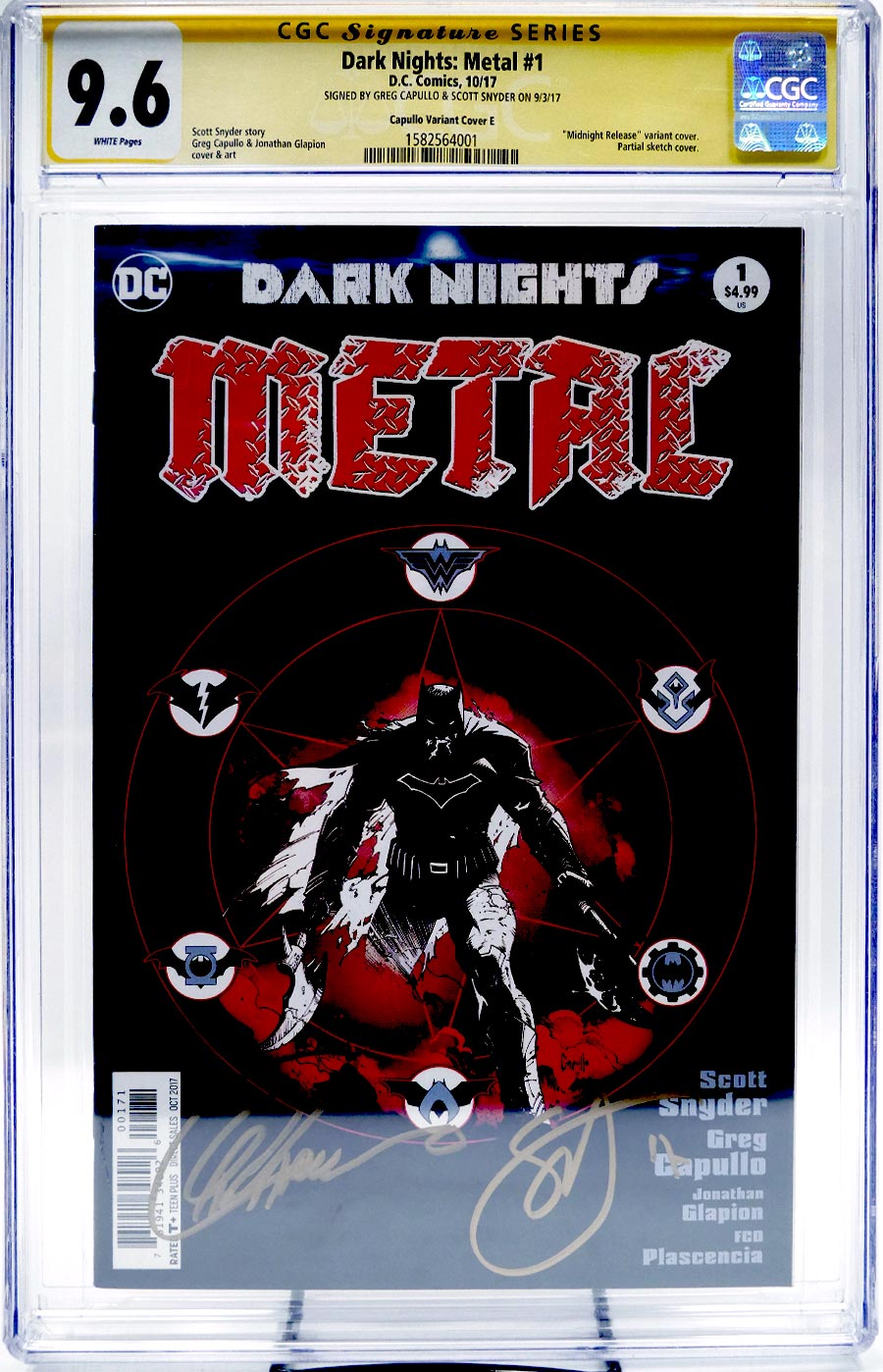 Dark Nights Metal #1 Cover X CGC Signature Series 9.6 Signed by Greg Capullo and Scott Snyder Variant Midnight Release Color Cover